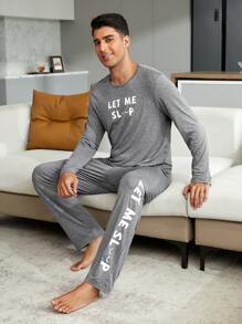 Men Slogan Graphic PJ Set / Pajama Set - Grey - View 2