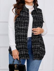 SHEIN LUNE Hơn Kẻ sọc Chi tiết về Flap Không tay Áo khoác - màu đen - Xem 6
