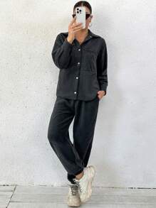 SHEIN Essnce Drop Shoulder Pocket Patched Shirt & Sweatpants - Dark Grey - View 5