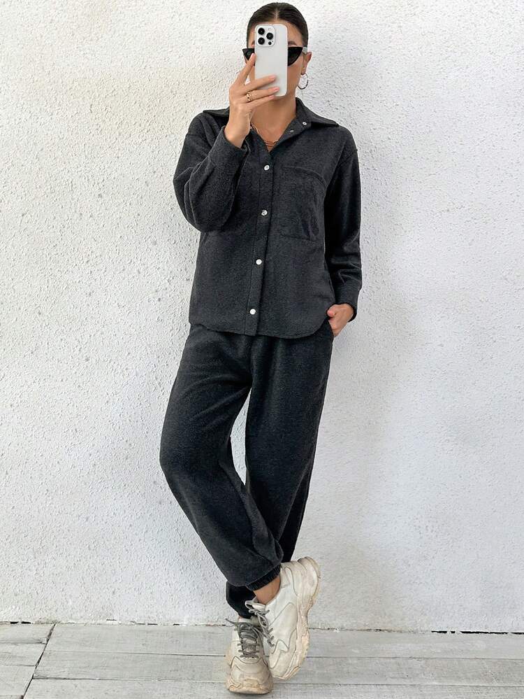 Drop Shoulder Pocket Patched Shirt & Sweatpants
