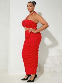 SHEIN SXY Hơn Cắt ra phía trước Xù Halter Neck Không lưng Đầm - Đỏ - Xem 5