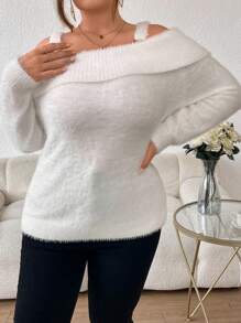 SHEIN Privé Hơn Vai lạnh Đan mềm mại Áo len - trắng - Xem 5