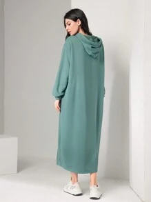 Mulvari Letter Embossed Drop Shoulder Drawstring Hooded Sweatshirt Dress,Long Sleeve Tops - Mint Green - View 3