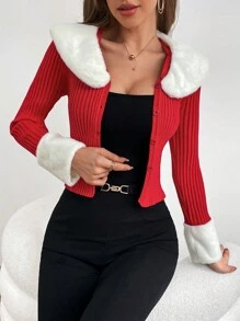 SHEIN Privé 羊絨領口條紋針織前紐扣開襟衫 - 紅白色 - 查看 4