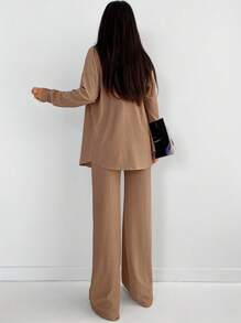 EURMUSE Solid Button Front Shirt & Top-stitching Trousers - Mocha Brown - View 2