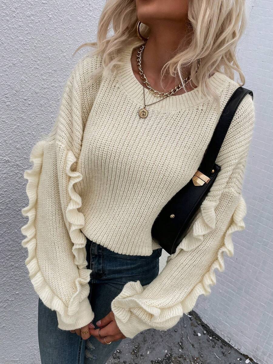 SHEIN LUNE Ruffle Trim Drop Shoulder Sweater - Apricot - View 1