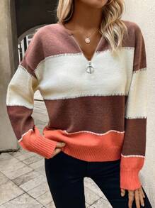 Chiquease Áo len chui đầu phối màu, vai rớt, khóa kéo phía trước, chất liệu dệt kim, thích hợp cho mùa thu đông. - Màu Khaki - Xem 4