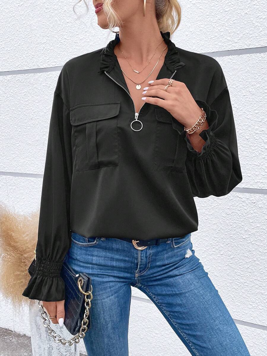Chiquease Flounce Sleeve Flap Pocket O-ring Zipper Front Blouse - Black - View 1