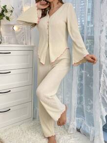 荷叶边纽扣睡衣套装/秋冬睡衣 - 杏色 - 查看 5
