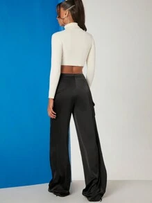 Hauture Satin Hose Mit Bündchen Und Geteiltem Saum Mit Zugband - Schwarz - Übersicht 2