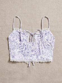 Soleia Floral Print Lace Trim Tie Front Cami Top - Mauve Purple - View 2