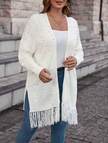 SHEIN Clasi Hơn Ngọc trai đính cườm Fringe Hem Thả vai Áo len Duster - trắng - Xem 5