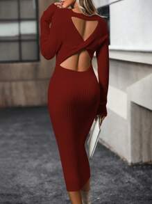 SHEIN LUNE Xoắn Không lưng Đồ đan Ribbed Đầm Áo len - Màu Đỏ Sâu - Xem 1