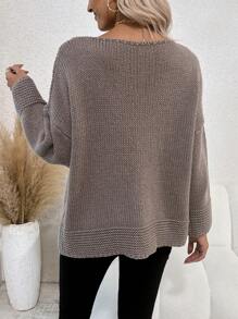 SHEIN Clasi 素色落肩袖V領套頭毛衣 - 摩卡棕 - 查看 2