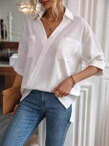 SHEIN Essnce Solid Pocket Patched Drop Shoulder Shirt - White - View 6