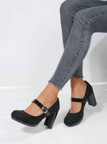 黑色和棕色的撞色粗高跟鞋帶深的鞋面 - 黑色 - 查看 5