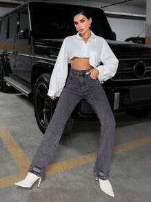 EURMUSE Slant Pocket Straight Leg Jeans - Grey - View 6