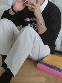 DAZY Men Contrast Collar Letter & Figure Graphic Drop Shoulder Sweatshirt - Black - View 5