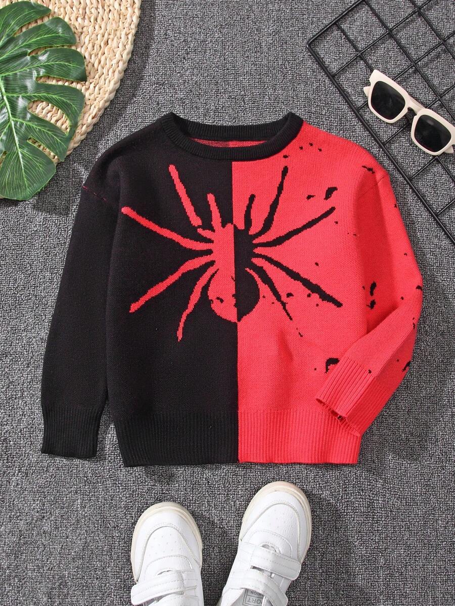 SHEIN Young Boy Two Tone Spider Pattern Sweater - Black - View 1