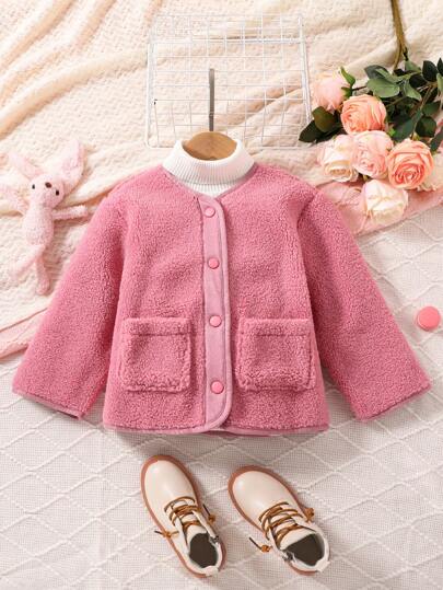 SHEIN Young Girl 1pc Dual Pocket Button Front Teddy Coat