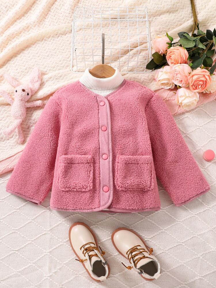 Young Girl 1pc Dual Pocket Button Front Teddy Coat