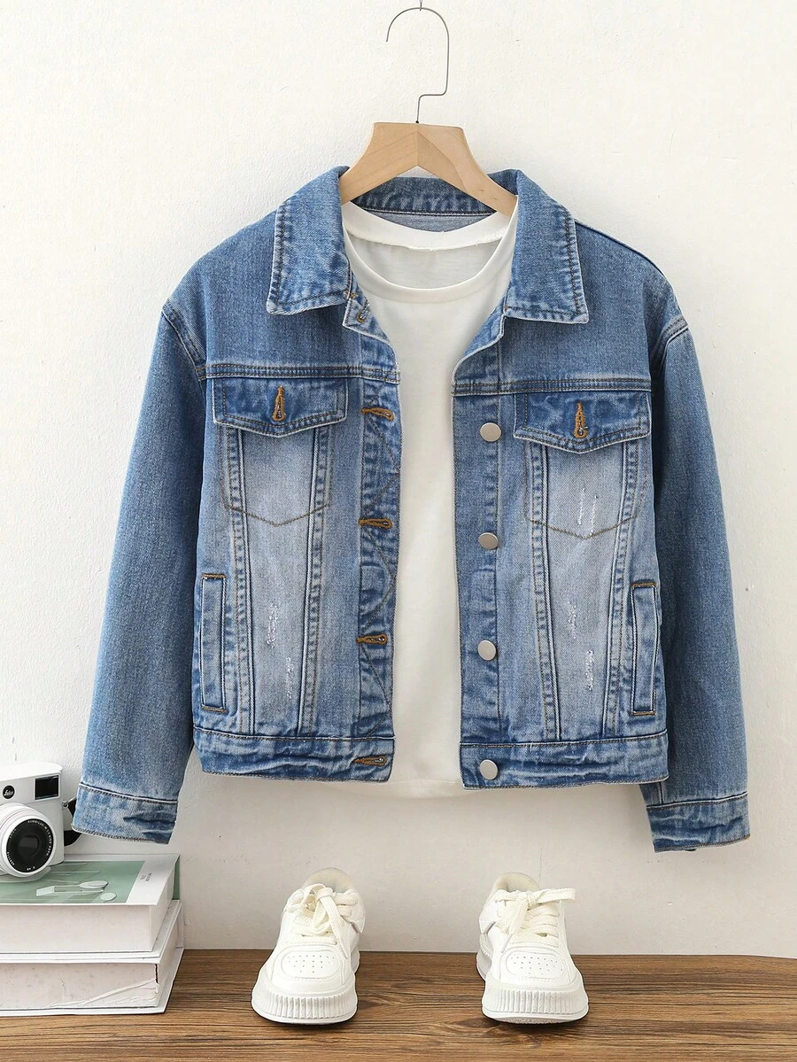Cô gái Tween 1 Miếng Túi có nắp Áo khoác denim - Rửa nhẹ - Xem 1