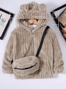男孩鬆身毛絨連帽外套,帶包繩,休閒風格 - 卡其色 - 查看 3
