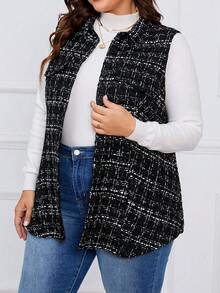 SHEIN LUNE Hơn Kẻ sọc Chi tiết về Flap Không tay Áo khoác - màu đen - Xem 5