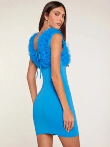 SHEIN BAE Trim lưới Cổ Lao Váy bodycon - Màu xanh lam - Xem 3