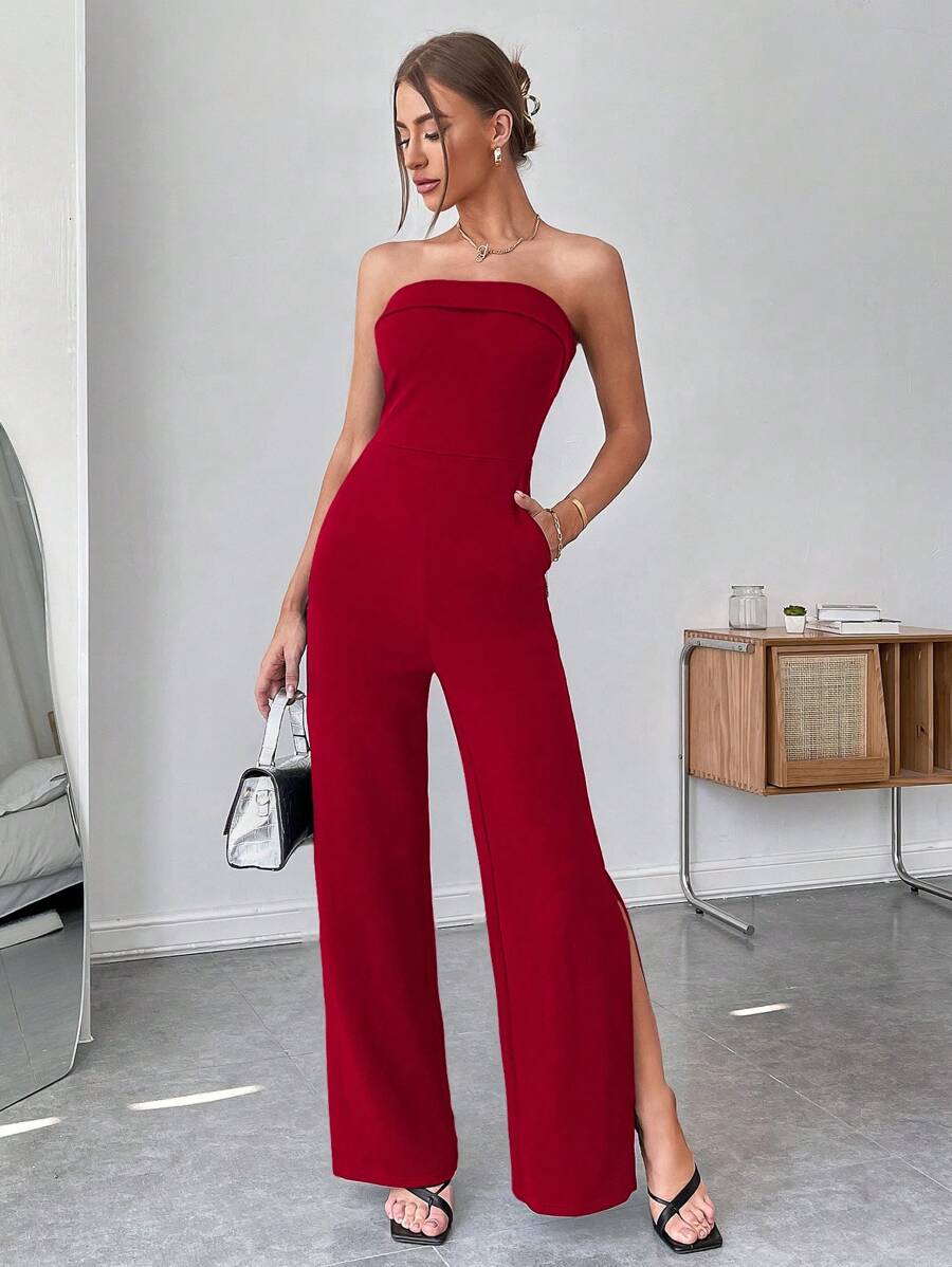 SHEIN BAE 下擺開叉抹胸連體褲 - 紅色 - 查看 1