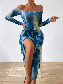 Chiquease Tie Dye Off Shoulder Ruched Split Thigh Dress - Dark Wash - View 3