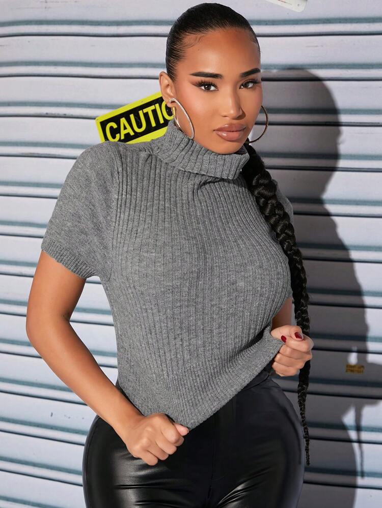 Mock Neck Ribbed Knit Top