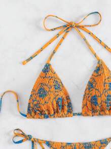 SHEIN Swim Triangular Cup Knotted Side Smocked Bikini Set Summer - Orange - View 6