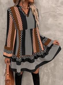 SHEIN LUNE Polka Dot Print Flounce Sleeve Ruffle Hem Smock Dress - Multicolor - View 6