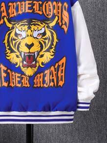 SHEIN Tween Boy Letter & Tiger Graphic Striped Trim Drop Shoulder Varsity Jacket - Blue - View 5