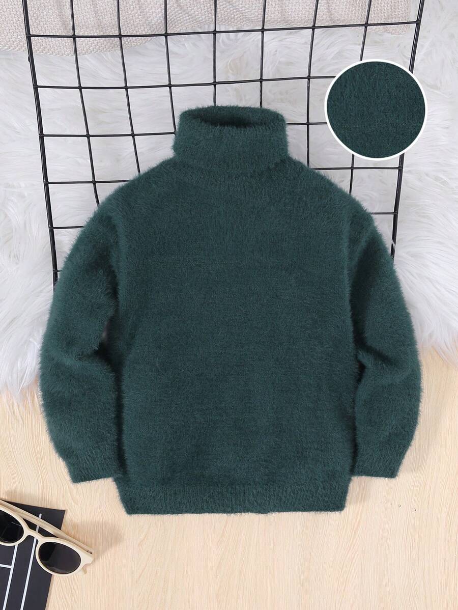 SHEIN Young Boy Solid Turtleneck Sweater - Dark Green - View 1
