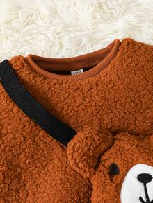 SHEIN Young Boy Solid Teddy Sweatshirt & Pants & Bag - Brown - View 5