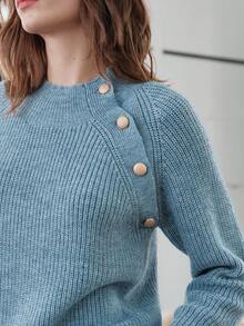Anewsta Chi tiết Nút Tay Raglan Áo len - Màu xanh lam - Xem 5