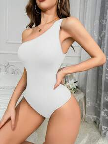 素色單肩連體緊身衣 - 白色 - 查看 5