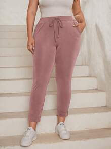 SHEIN Essnce Plus Drawstring Waist Slant Pocket Pants - Dusty Pink - View 5