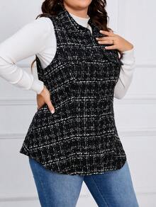 SHEIN LUNE Hơn Kẻ sọc Chi tiết về Flap Không tay Áo khoác - màu đen - Xem 4