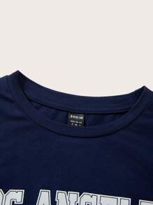 SHEIN EZwear Los Angeles Summer Outfit Long Sleeve Letter Graphic Crop Tee - Navy Blue - View 5