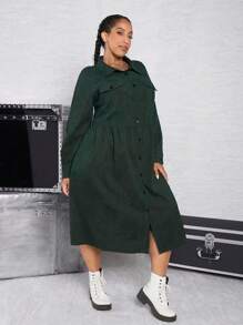 SHEIN CURVE+ Talla grande Vestido camisero con bolsillo con solapa con botón delantero