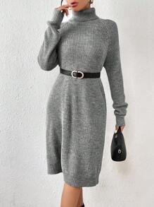 SHEIN Frenchy Áo cao cổ Tay Raglan Đầm Áo len Không có thắt lưng - Màu Xám nhạt - Xem 4