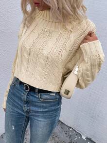 SHEIN Frenchy Turtleneck Cable Knit Drop Shoulder Sweater - Apricot - View 5