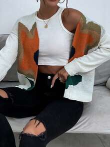 SHEIN Essnce 花卉图案落肩开衫 - 卡其色 - 查看 4