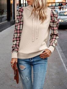 SHEIN Clasi Contrast Plaid Print Puff Sleeve Drawstring Hoodie - Apricot - View 5