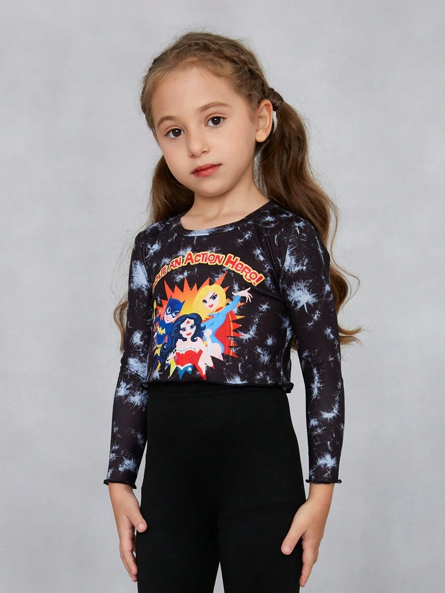 JUSTICE LEAGUE X SHEIN 女小童紮染卡通和字母圖案T恤 - 彩色 - 查看 1