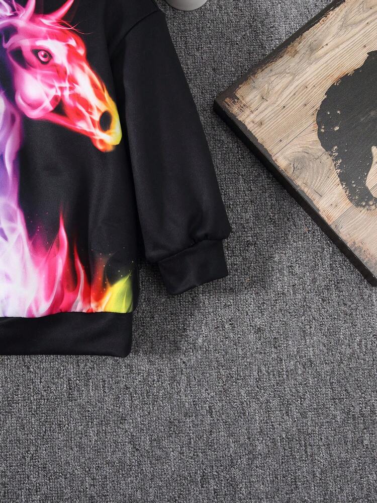 Young Boy Casual Streetwear Style Colorful Horse Print Loose Fit Sweatshirt, Suitable For Autumn And Winter