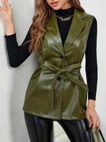 SHEIN Essnce 西裝領腰帶PU皮革外套馬甲 - 綠色 - 查看 1